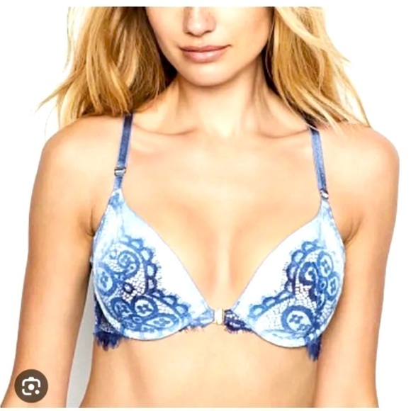 PINK Victoria's Secret Other - Victorias Secret PINK 32DD Very Sexy Push-up Bra Blue Floral LaceUp Front Close